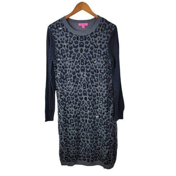 Betsey Johnson Sweater Dress Size Medium Animal Print Sequin Grey Black Leopard - Picture 2 of 6